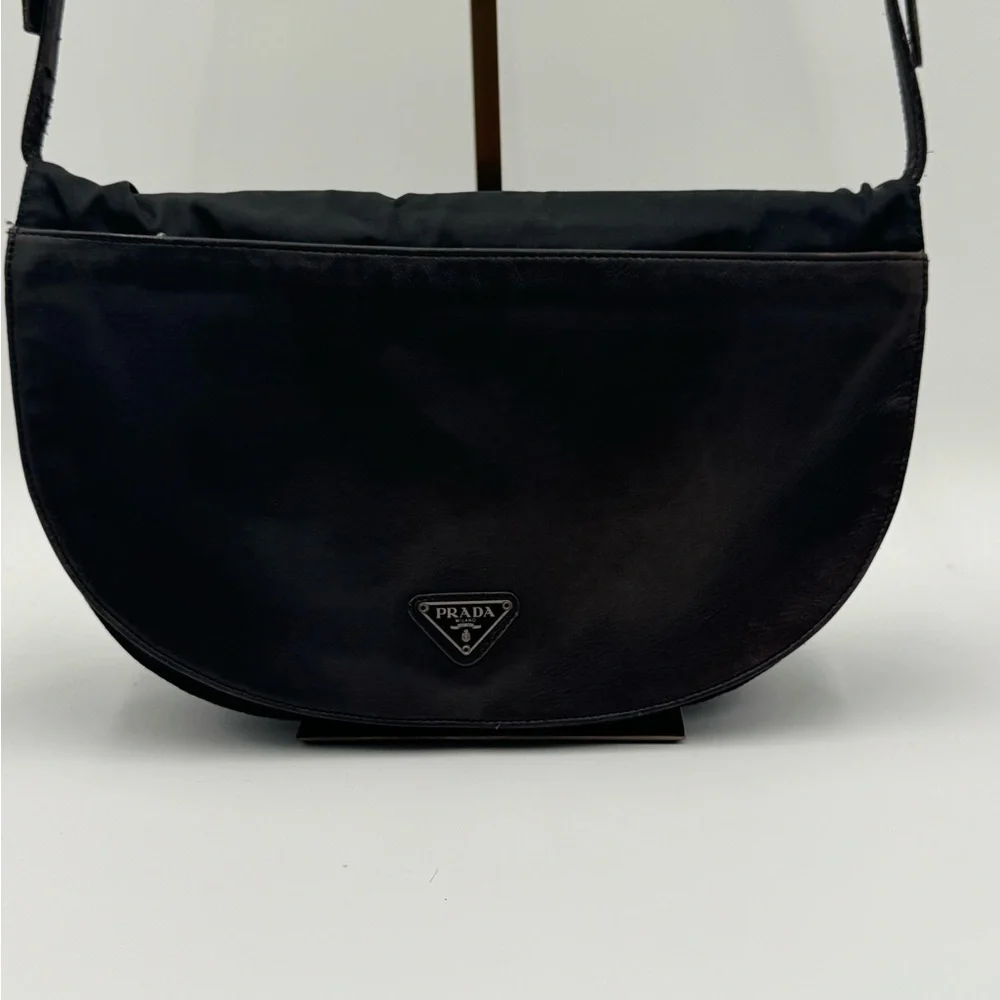 Prada Vintage Leather & Canvas Shoulder Crossbody Bag Black n Brown